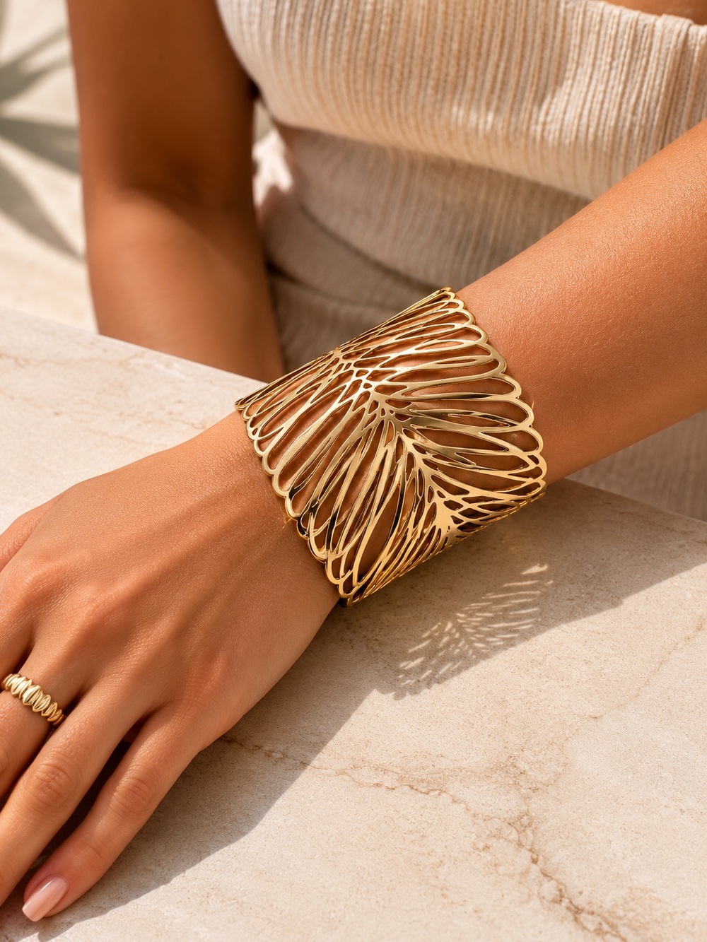 Gold Plated Statement Cuff Bracelet Wide Openwork Leaf Design Resort Jewelry